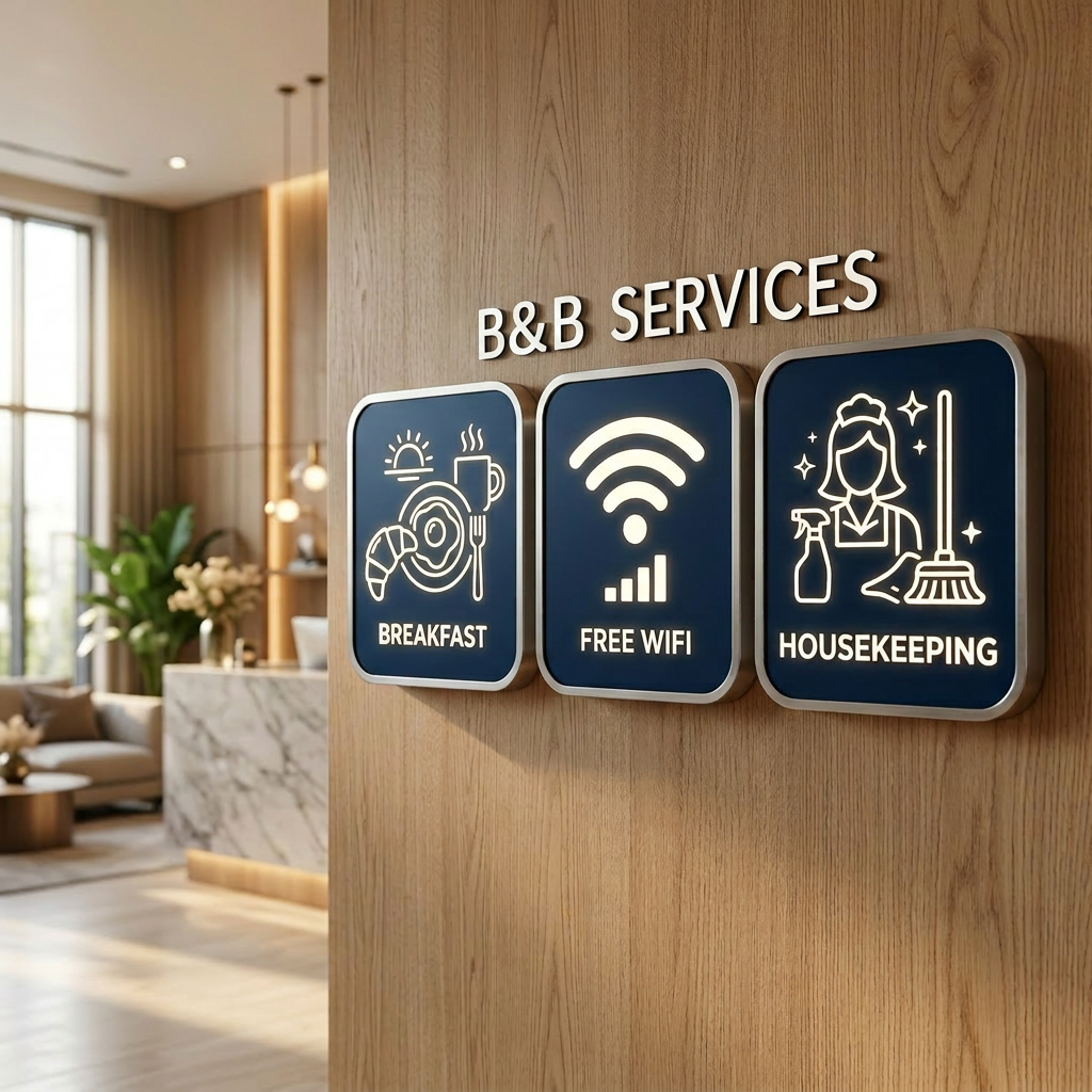 Three signs labeled breakfast, free WiFi, and housekeeping with icons on a wooden wall